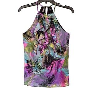 Bisou Bisou Michele Bohbot Peacock Feather Ruffle Halter Top Multi Color Medium